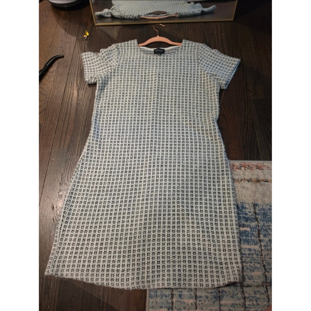 Isaac Mizrahi New York Womens Black White Tweed Knit Short Sleeve Shift Dress L